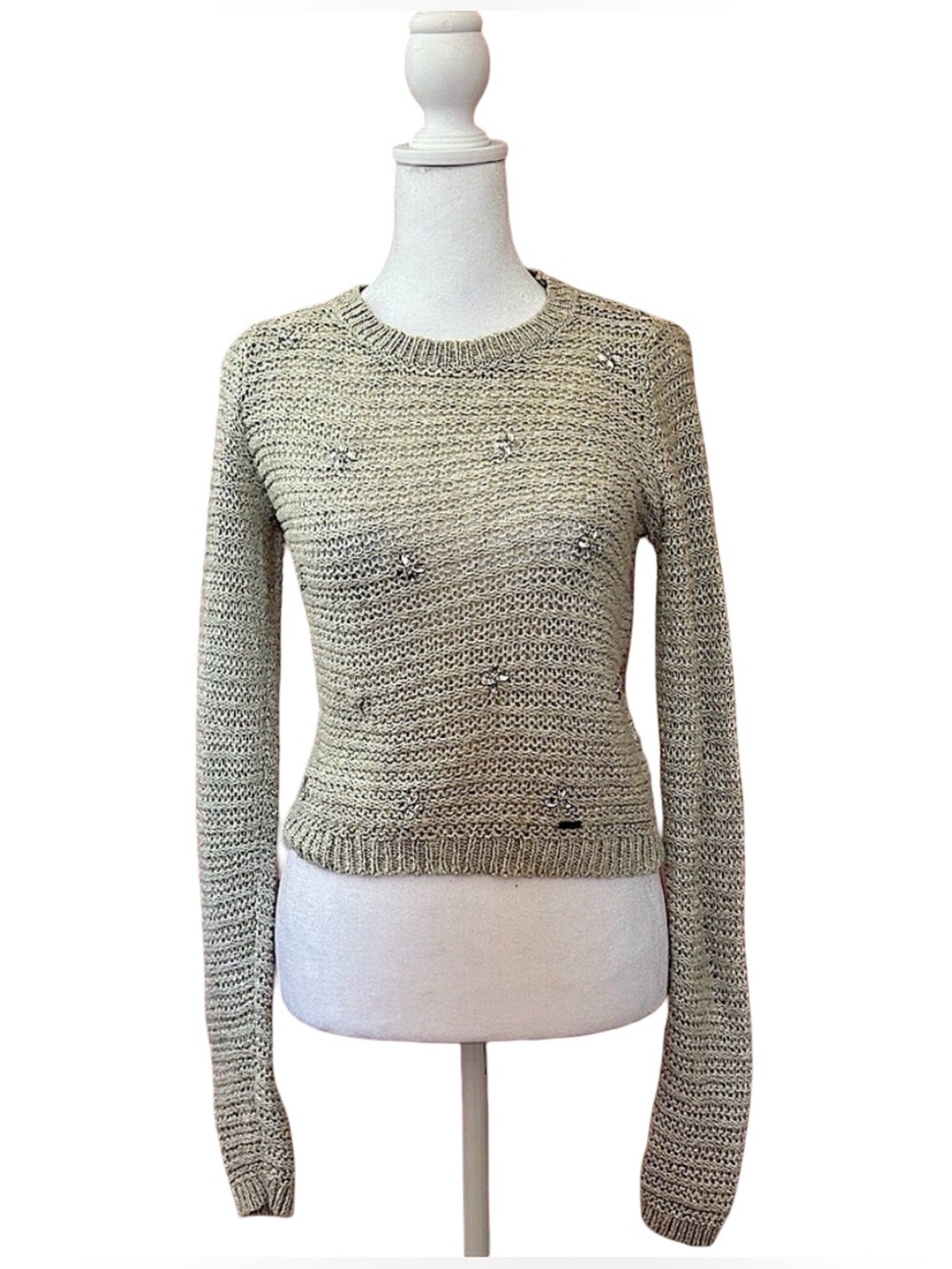 Hollister Jewel rhinestone Open Knit cream Sweater Mcbling Metallic Y2K Boho S